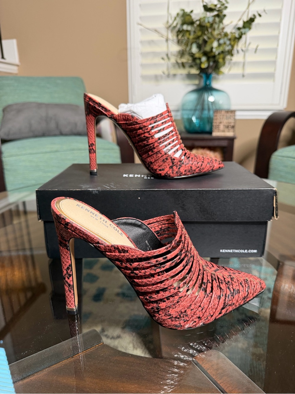 Kenneth Cole Riley 110 Fisher Mule Salmon‎ Snake Print Stiletto Heels Sz 7 NIB!